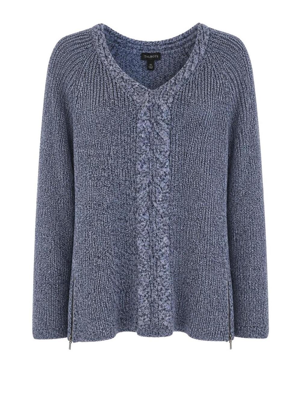 Talbots Cable Knit Pullover Fall Sweater Tunic Blue XL Cotton V-Neck Zippers